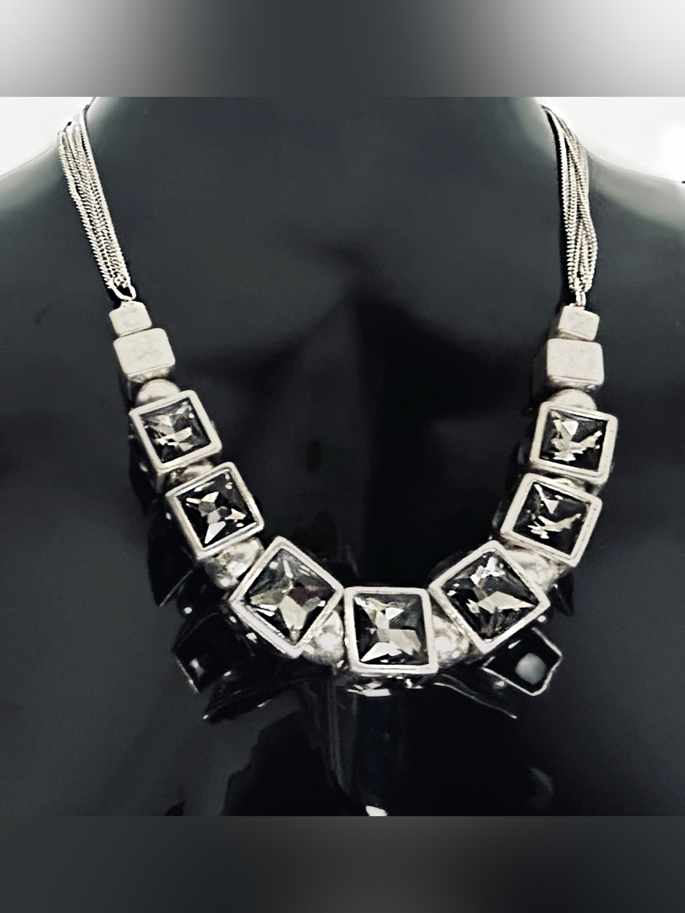 Kenneth Cole Silver-Tone Black Crystal Cubes Statement Necklace